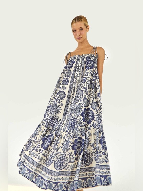 FARM Rio Dresses & Skirts - Farm Rio Blue Pineapple Garden Shoulder-Tie Midi Dress Size L